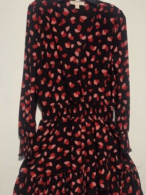 MICHAEL Michael Kors Black  Dress with Red and Pink Floral Motif, Fully Lined, L